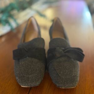 Grey flannel with black velvet bow trim shoes